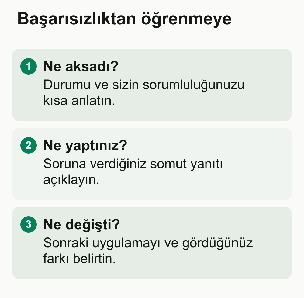 Başarısızlıktan öğrenmeye: Ne aksadı?: Durumu ve sizin sorumluluğunuzu kısa anlatın. Ne yaptınız?: Soruna verdiğiniz somut yanıtı açıklayın. Ne değişti?: Sonraki uygulamayı ve gördüğünüz farkı belirtin.
