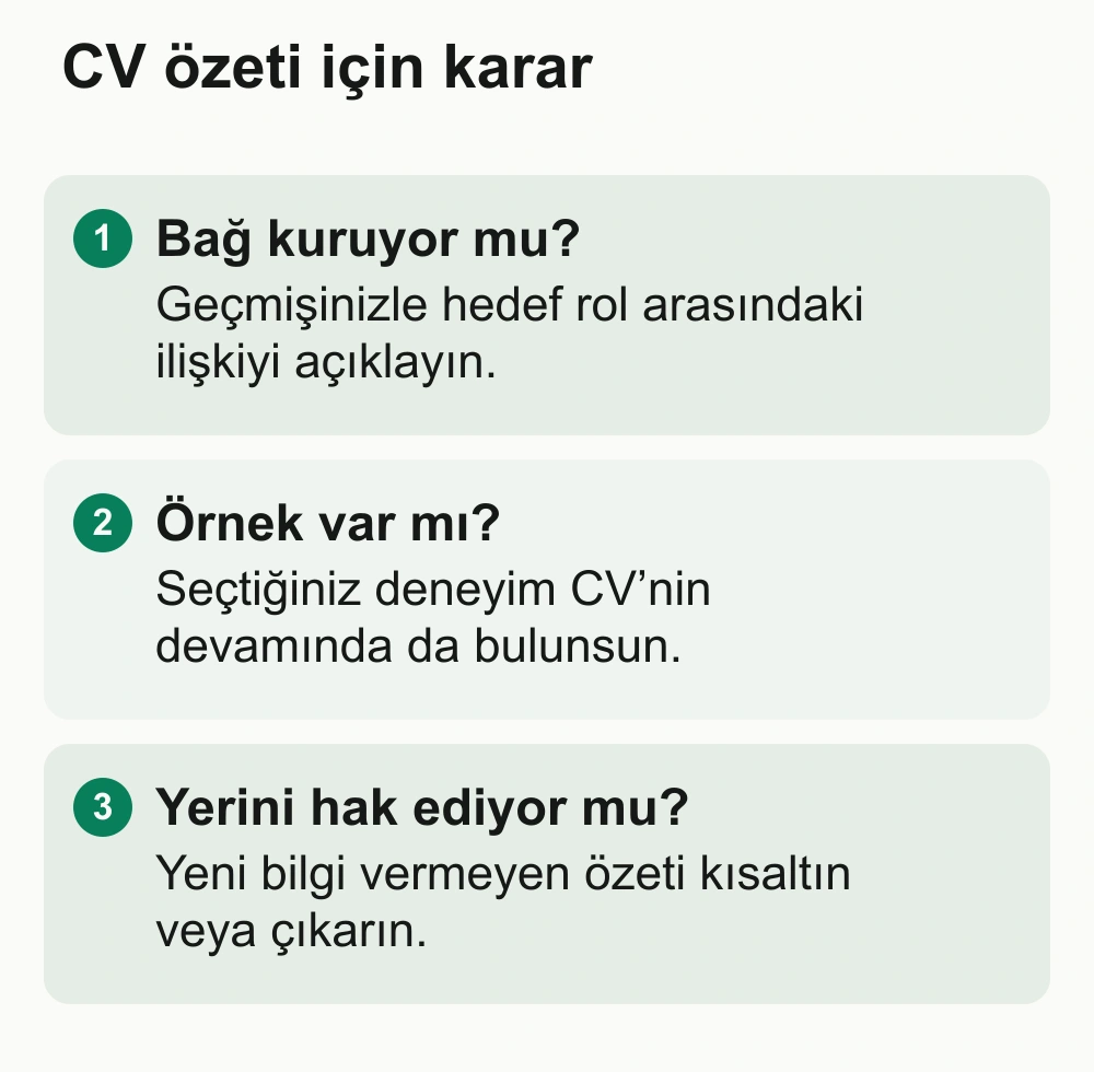 CV özeti için karar: Bağ kuruyor mu?: Geçmişinizle hedef rol arasındaki ilişkiyi açıklayın. Örnek var mı?: Seçtiğiniz deneyim CV’nin devamında da bulunsun. Yerini hak ediyor mu?: Yeni bilgi vermeyen özeti kısaltın veya çıkarın.