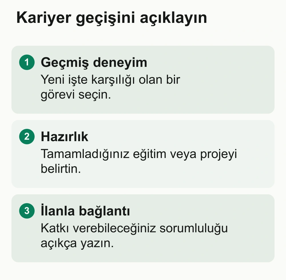 Kariyer geçişini açıklayın: Geçmiş deneyim: Yeni işte karşılığı olan bir görevi seçin. Hazırlık: Tamamladığınız eğitim veya projeyi belirtin. İlanla bağlantı: Katkı verebileceğiniz sorumluluğu açıkça yazın.