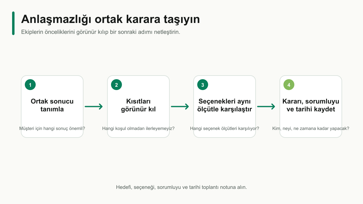 Departmanlar arası anlaşmazlığı ortak sonuç, kısıtlar, karar ölçütü ve sorumluyla çözen dört aşamalı akış.