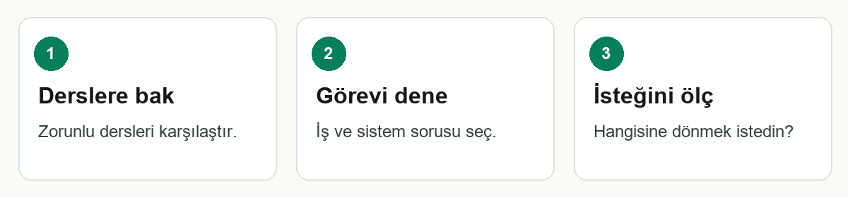 F0005 üç adımlı özet: Derslere bak → Görevi dene → İsteğini ölç