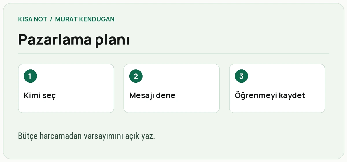 Pazarlama planı için müşteri, vaat, kanal ve ölçüm