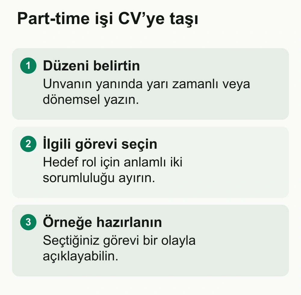 Part-time işi CV’ye taşı: Düzeni belirtin: Unvanın yanında yarı zamanlı veya dönemsel yazın. İlgili görevi seçin: Hedef rol için anlamlı iki sorumluluğu ayırın. Örneğe hazırlanın: Seçtiğiniz görevi bir olayla açıklayabilin.