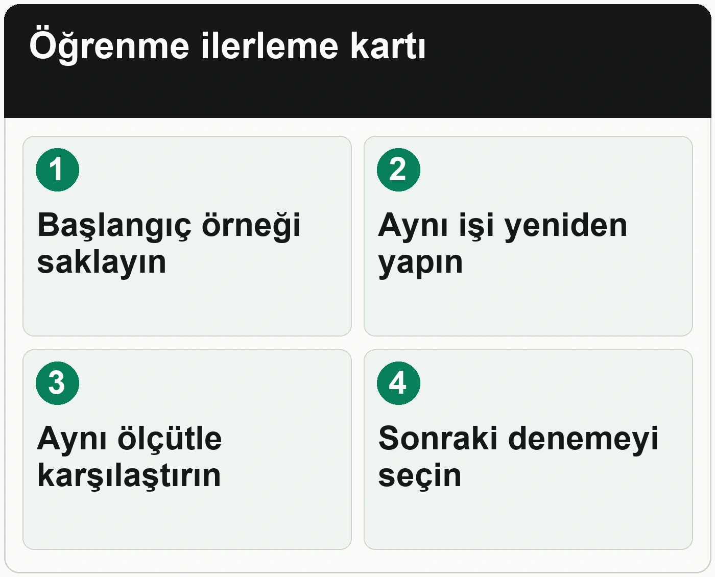 Kendi kendinize öğrenirken doğru ilerlediğinizi nasıl anlarsınız: Başlangıç örneği saklayın; Aynı işi yeniden yapın; Aynı ölçütle karşılaştırın; Sonraki denemeyi seçin.