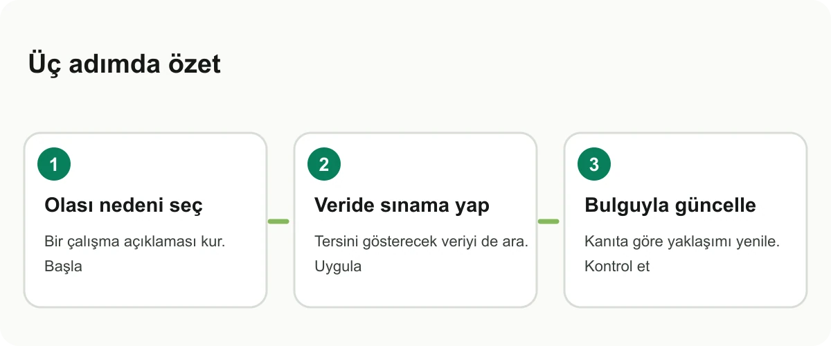 Vaka hipotezini bulgu, test ve karar olarak gösteren bilgi kartı