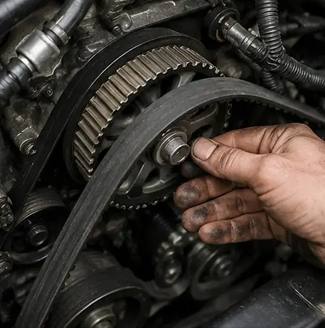 Inspecting timing belt for wear cracks and replacement needs