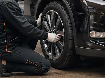 Automotive technician rotating tires during maintenance service in Elmwood Park, NJ