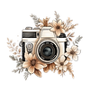 A drawing of a camera with flowers surrounding it. 