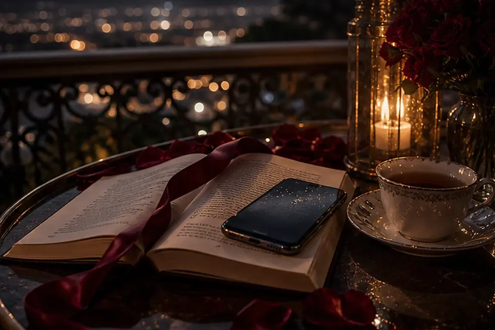Offenes Romance-Buch und Smartphone bei Nacht als Mafia-Romance-Lesemoment