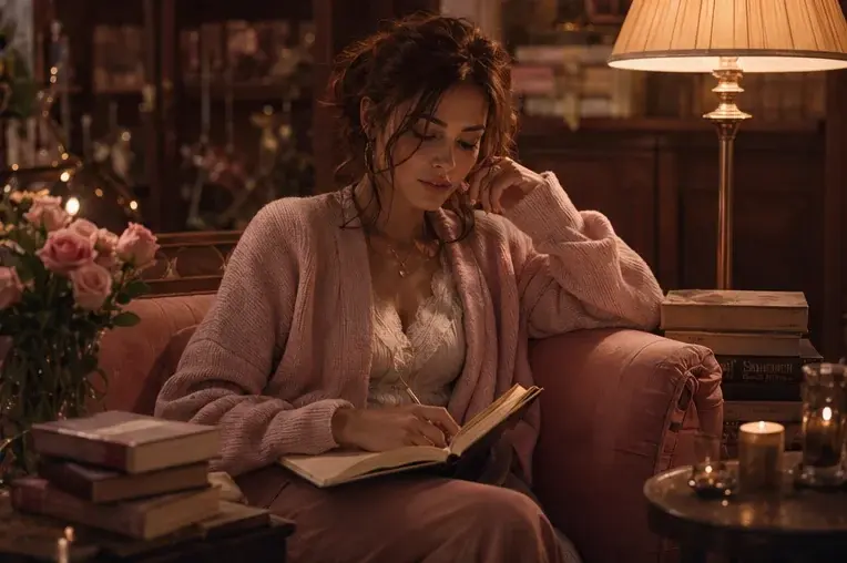 Lounge-artige Leseszene mit Notizbuch und Romanen in sanften Rosé- und Goldtönen für Romance-Empfehlungen
