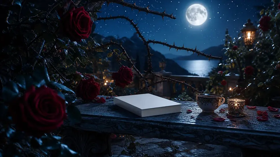 Nächtlicher Rosengarten mit Dornen, blankem Buch, Kerzenlicht und Sternenhimmel für ACOTAR ähnliche Bücher