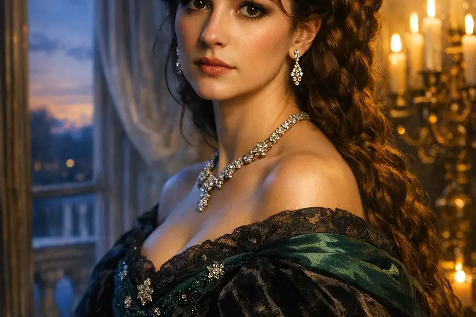 Cinematisches Porträt von Kaiserin Elisabeth von Österreich mit melancholischem Blick im Palast