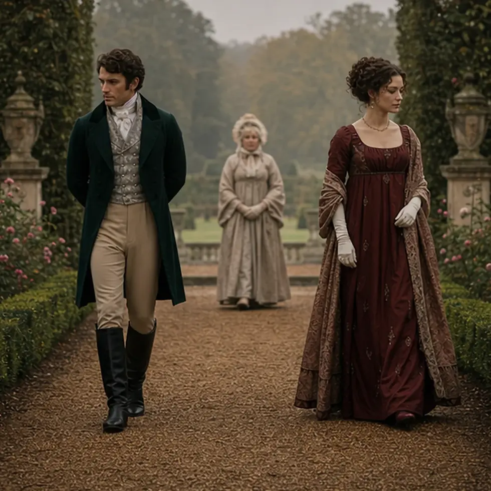 Erwachsenes Regency-Paar mit Abstand und Anstandsdame in einem formalen Garten