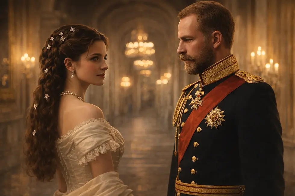 Franz Joseph und Elisabeth in einem goldenen Wiener Korridor mit spürbarer Spannung