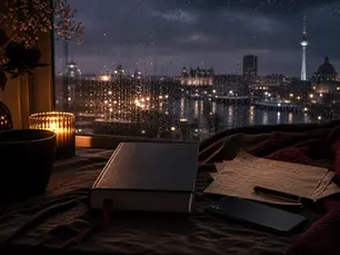 Dark Romance Deutsch als nächtliche Leseszene am Fenster mit Regen, Buch und Kerzenlicht für 8CAT Leserinnen