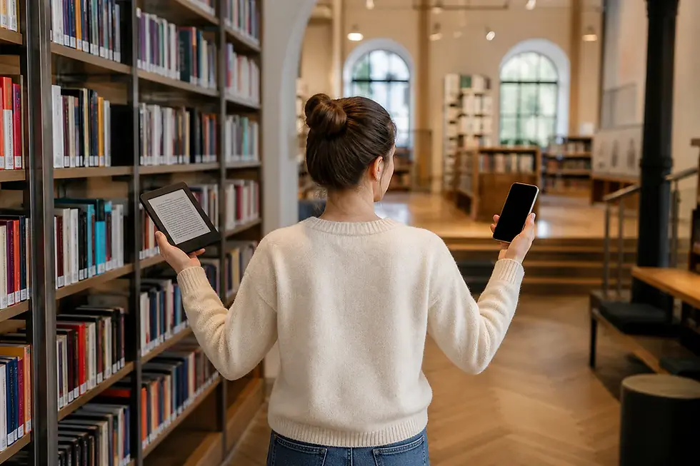 Deutsche Romance-Leserin bei warmem Licht zwischen Buchseiten und fairer App-Freischaltung