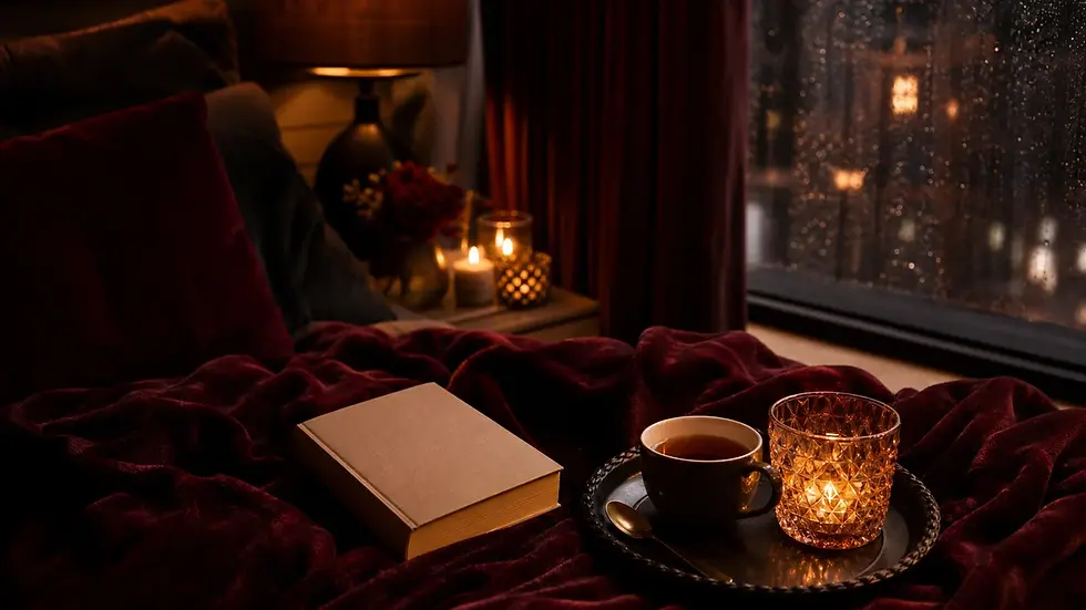 Spicy Romance Bücher als stimmungsvolle Kerzenlicht-Lesenische mit rotem Samt, Regenfenster und emotionaler Spannung