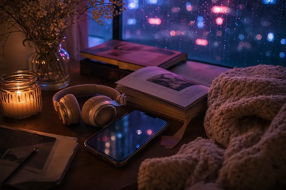 Kerze, Kopfhörer, Smartphone und offenes Buch im Neonlicht für nächtliches Romance-Webnovel-Binge-Reading