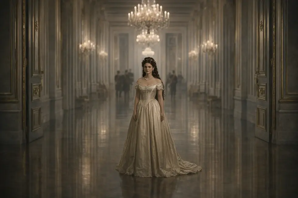 Elisabeth allein in einem langen Wiener Palastflur als Symbol höfischer Enge