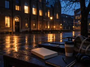 New Adult Bücher als regennasser deutscher Campus bei Abendlicht mit Buch, Kaffee und Kopfhörern