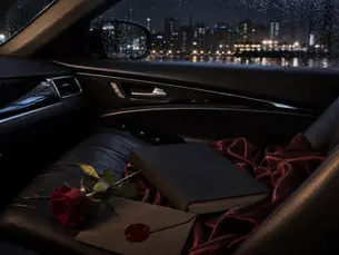 Mafia Romance Bücher als nächtliche Autoszene mit Rose, versiegeltem Brief und dunklem Buch ohne Gewalt