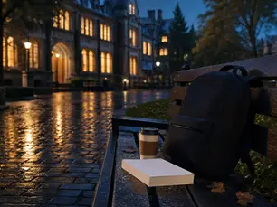 College Romance Bücher als regennasser deutscher Campus bei Nacht mit Bibliothekslicht, Rucksack und blankem Roman