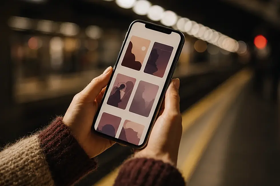 Nahaufnahme einer Smartphone-Lese-App in der Hand einer Leserin mit verschwommenen Bahnhoflichtern bei Nacht
