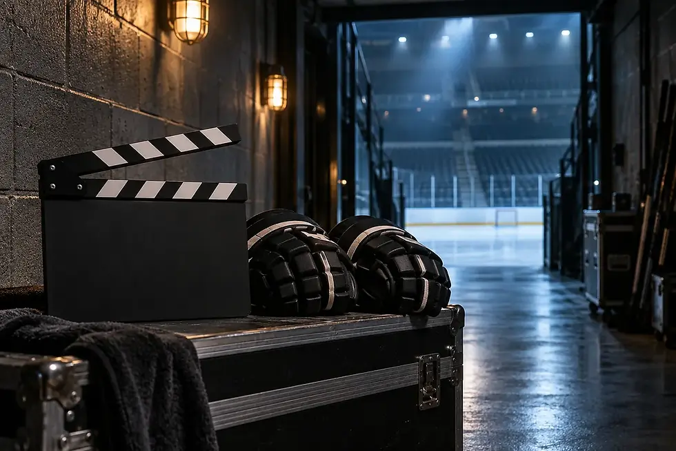 Filmklappe neben Hockeyausrüstung als sachlicher Produktionsstand zu Off Campus Staffel 2