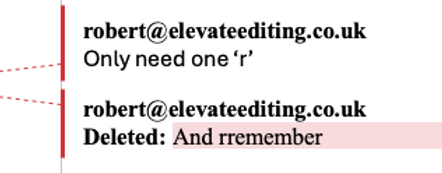 Microsoft Word Track Changes margin showing a comment with related edit