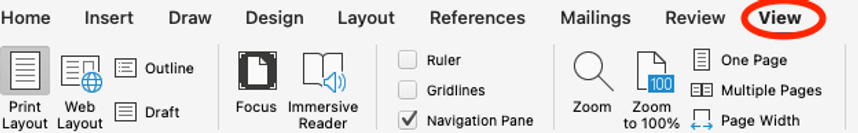 Microsoft Word Ribbon with View circled red