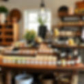 vendor display filled with different earth tone colored soaps, candles, and oils in a rust