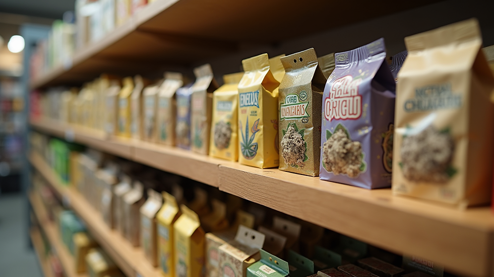 Close-up view of cannabis edible packages stacked on a store shelf