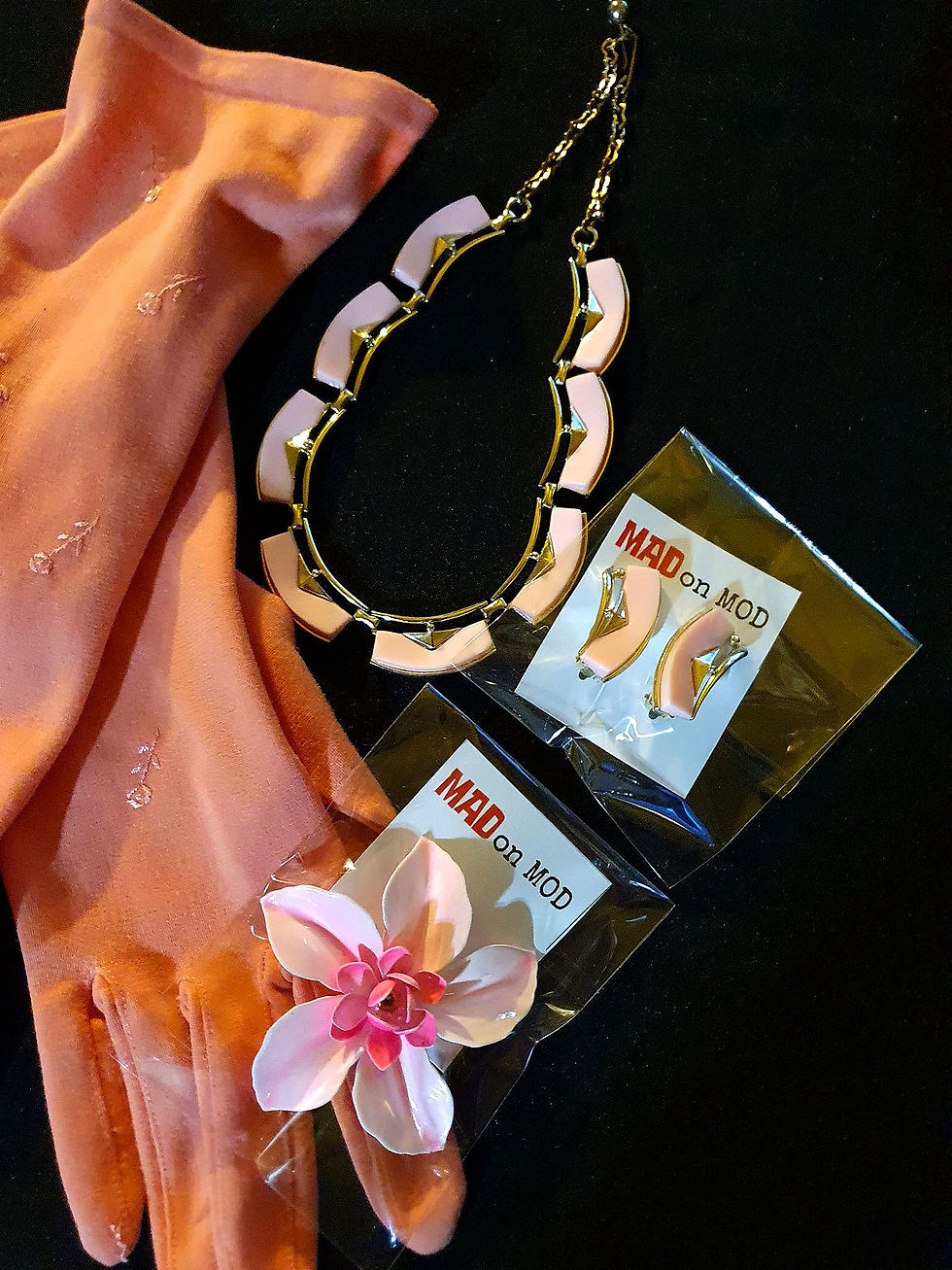 Thumbnail: In The Pink Vintage Accessories Pack:  60's Gloves, Pin, Earrings and Necklace