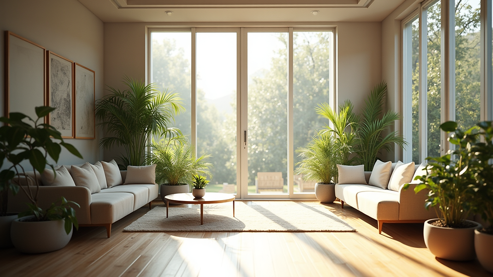 Vista a nivel de ojo de una sala luminosa con grandes ventanales y plantas interiores