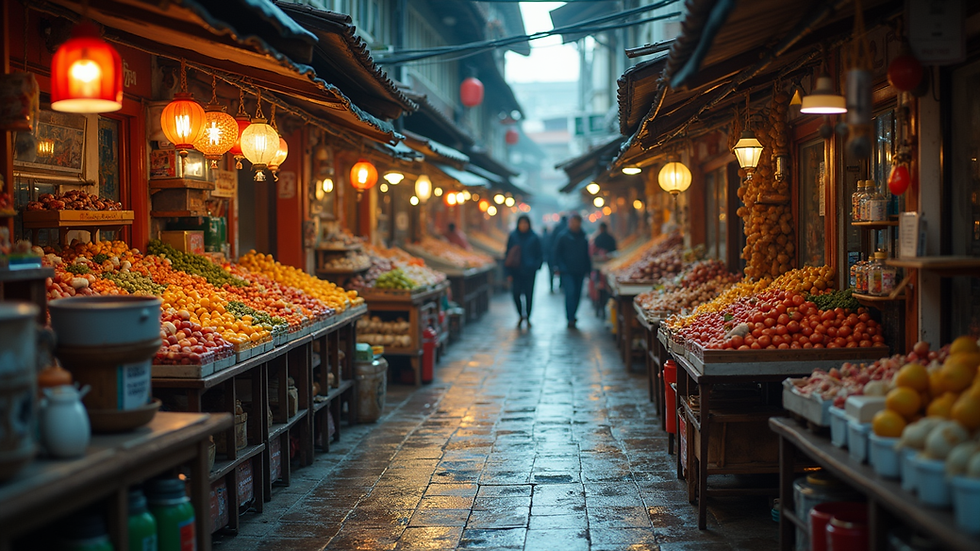 Wide angle view of a local market with various service stalls