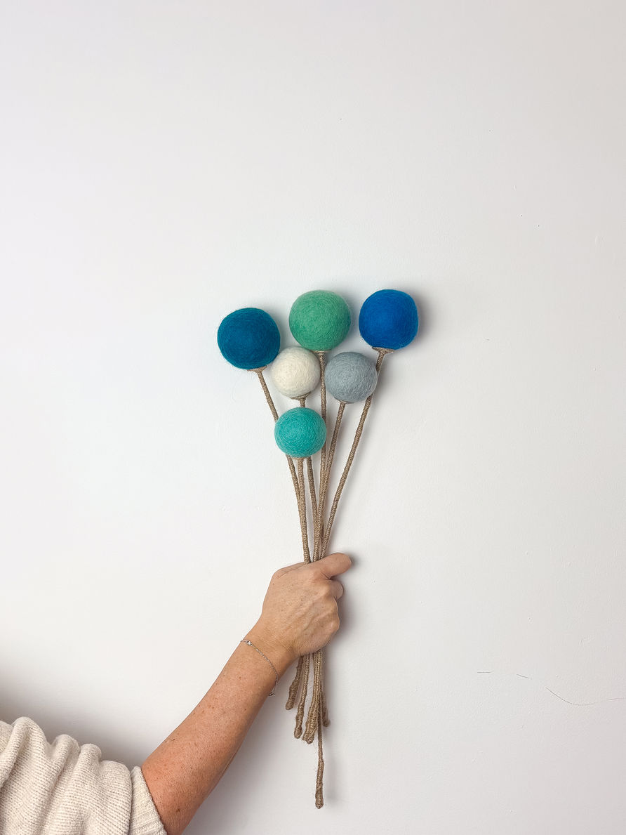 Sea Glass wool pom pom bouquet, finished by hand in Cornwall. Turquoise, Aqua, Teal, Frost, Cobalt and Pebble.