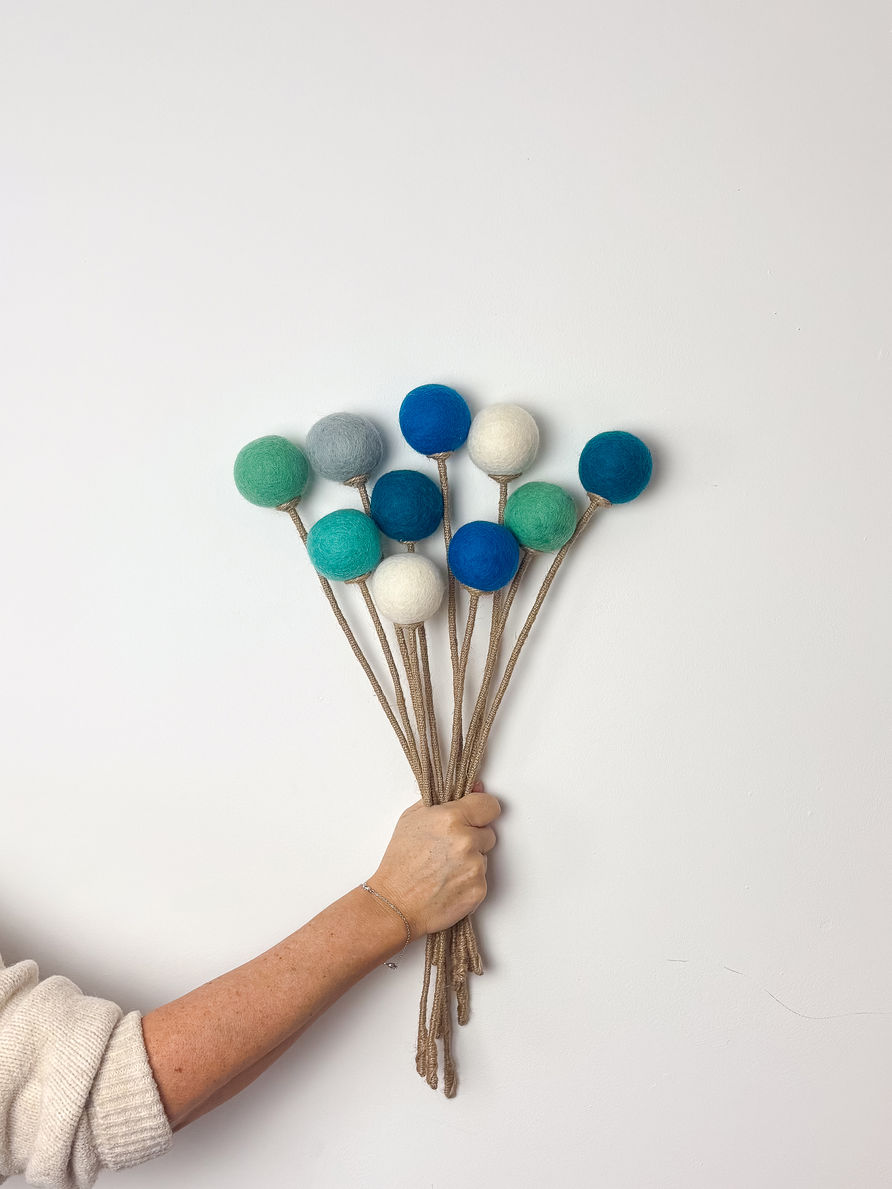 Sea Glass wool pom pom bouquet, finished by hand in Cornwall. Turquoise, Aqua, Teal, Frost, Cobalt and Pebble.