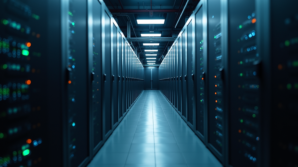 Eye-level view of a data center with server racks