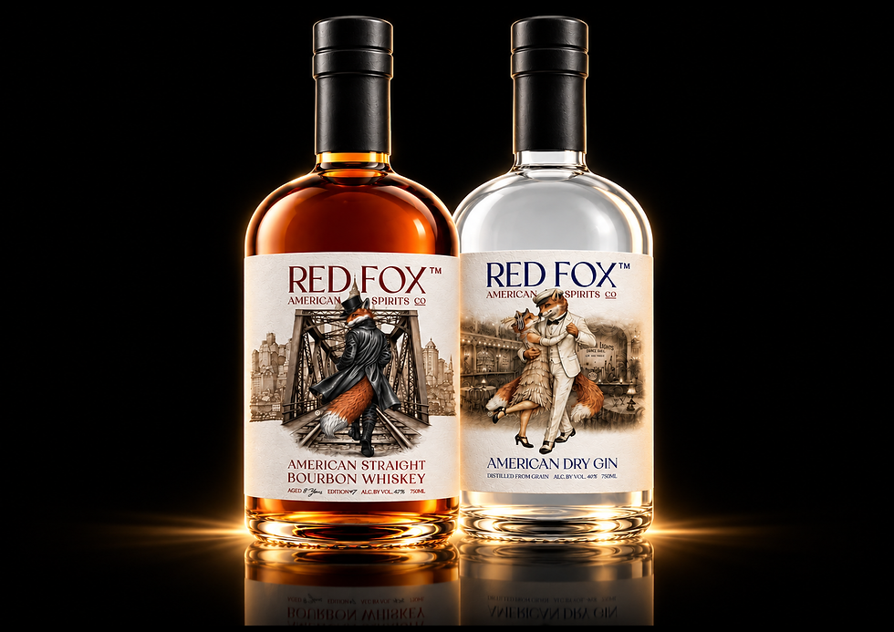 Red Fox American Bourbon and Dry Gin bottles with vintage illustrations of a Victorian fox and a dancing 1920s fox couple.