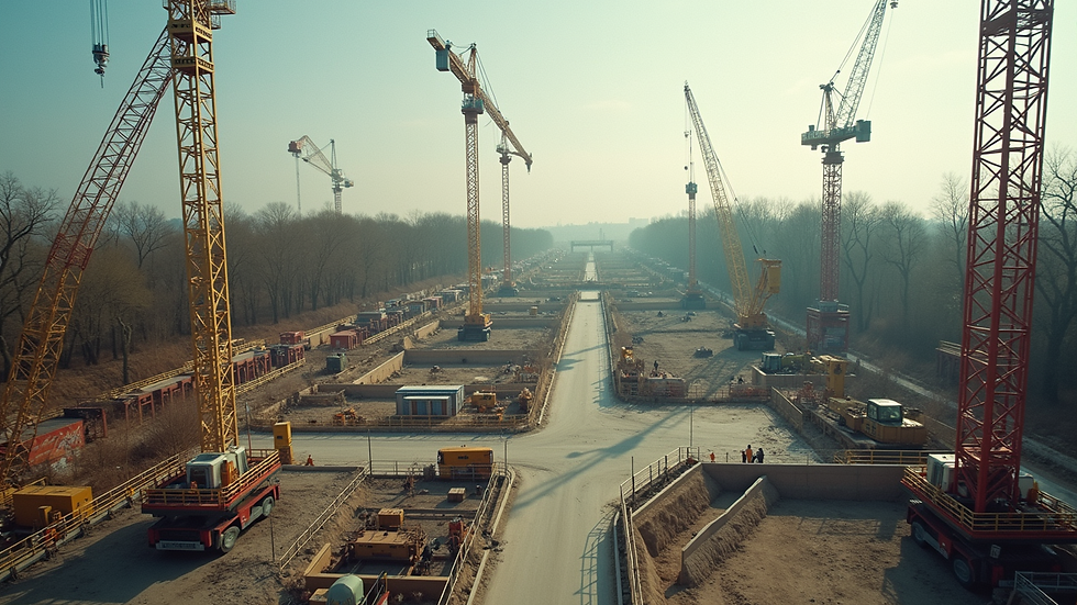 High angle view of a theme park construction site with cranes and workers