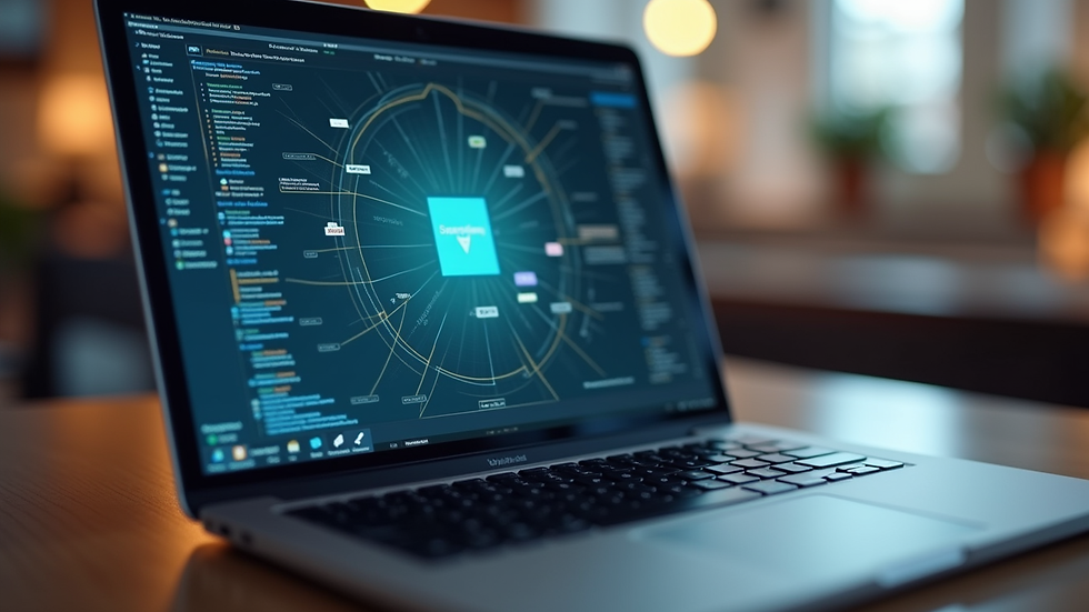 High angle view of a laptop screen showing a business networking platform