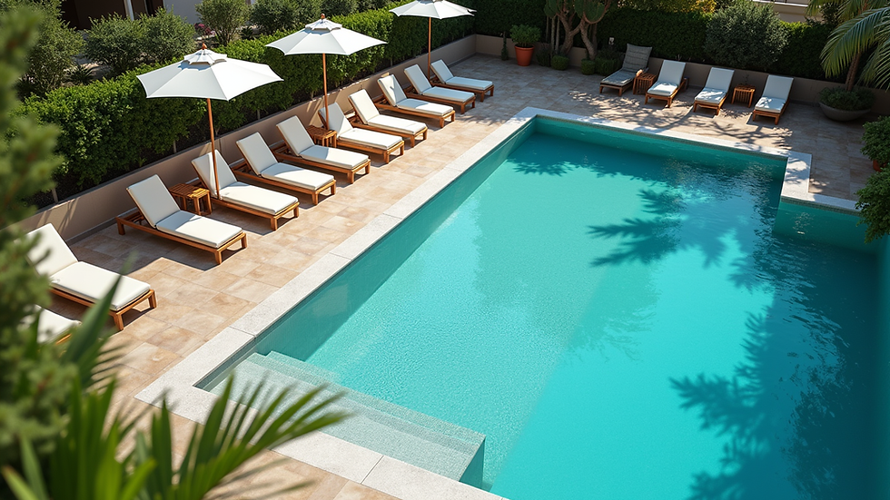 High angle view of a resort pool area with sun loungers