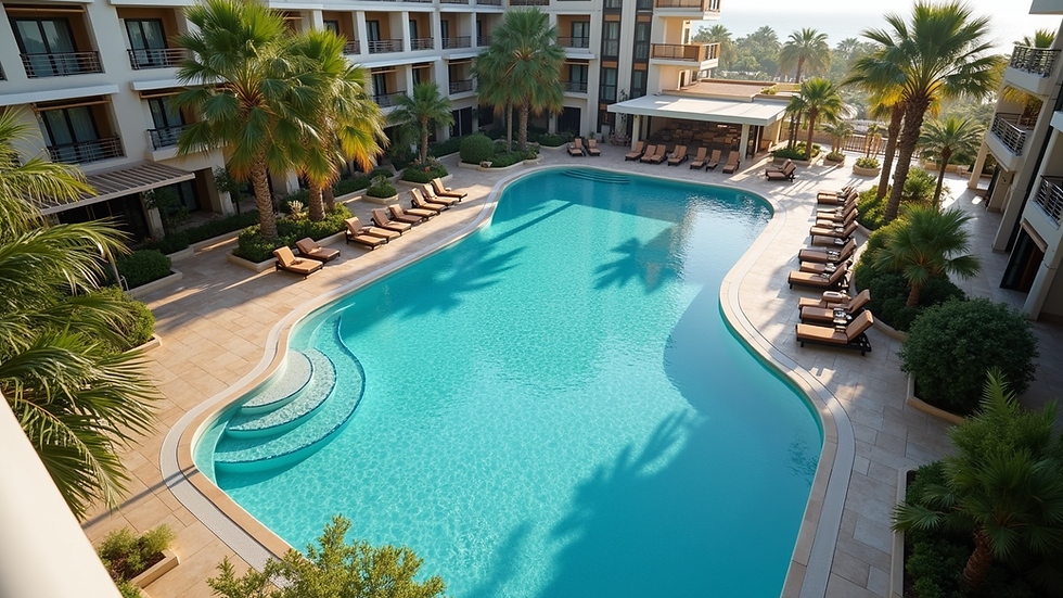 High angle view of a resort pool area with ongoing refurbishment work