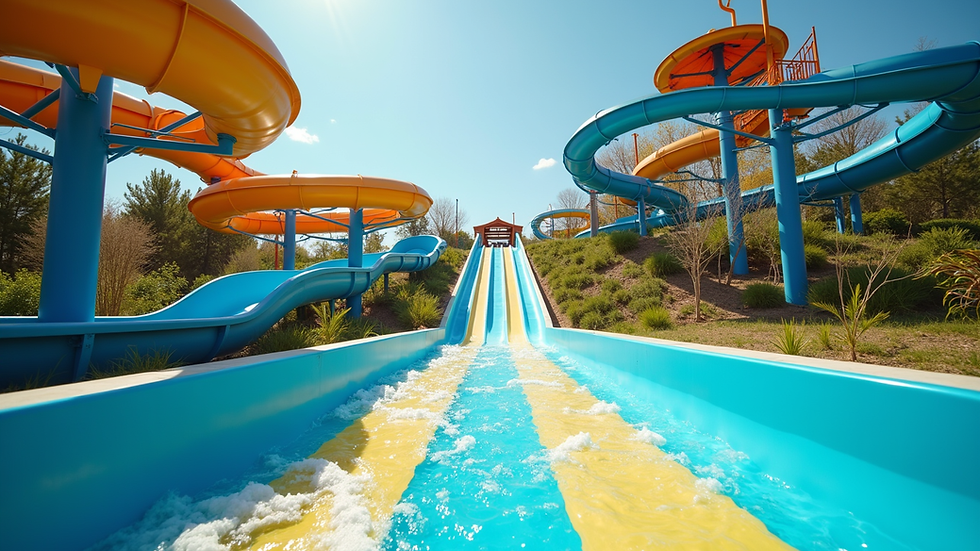 Eye-level view of a modern waterpark with slides and pools