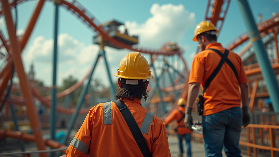 High angle view of a theme park maintenance team inspecting rides