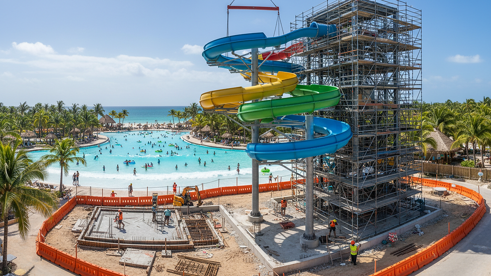 Eye-level view of a new water slide tower under construction near an active wave pool