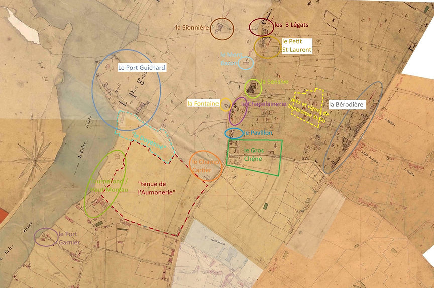 localisation des hameaux sur un fond cadastral dit Napoléonien