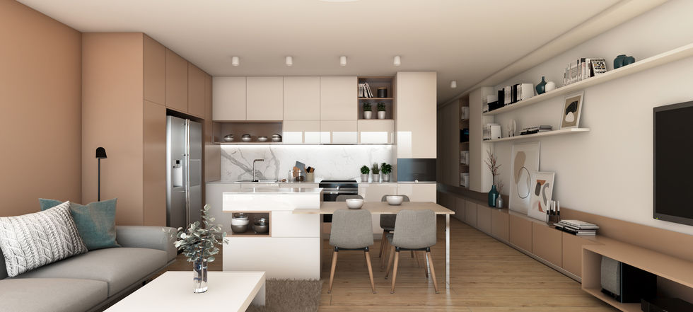 interiér bytu, moderný, teplý, jednoduchý, kuchyňa s obývačkou