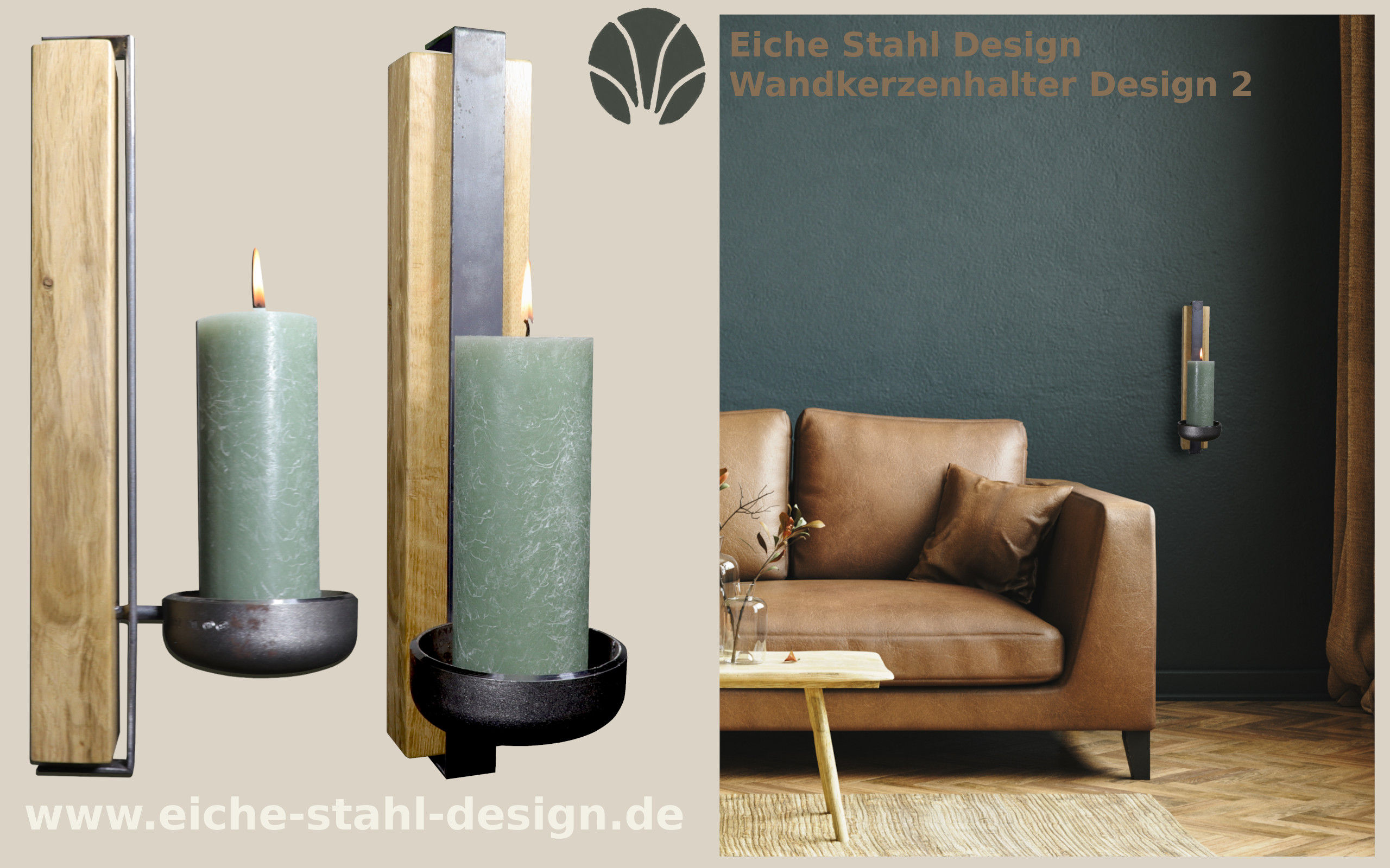Kerzenhalter Wand Eich Stahl mit Schale Ledercouch