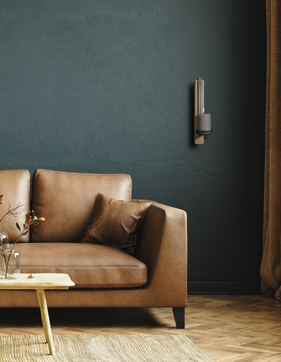 Miniaturbild: Kerzenständer Wand Holz Stahl Ambiente mit Ledercouch